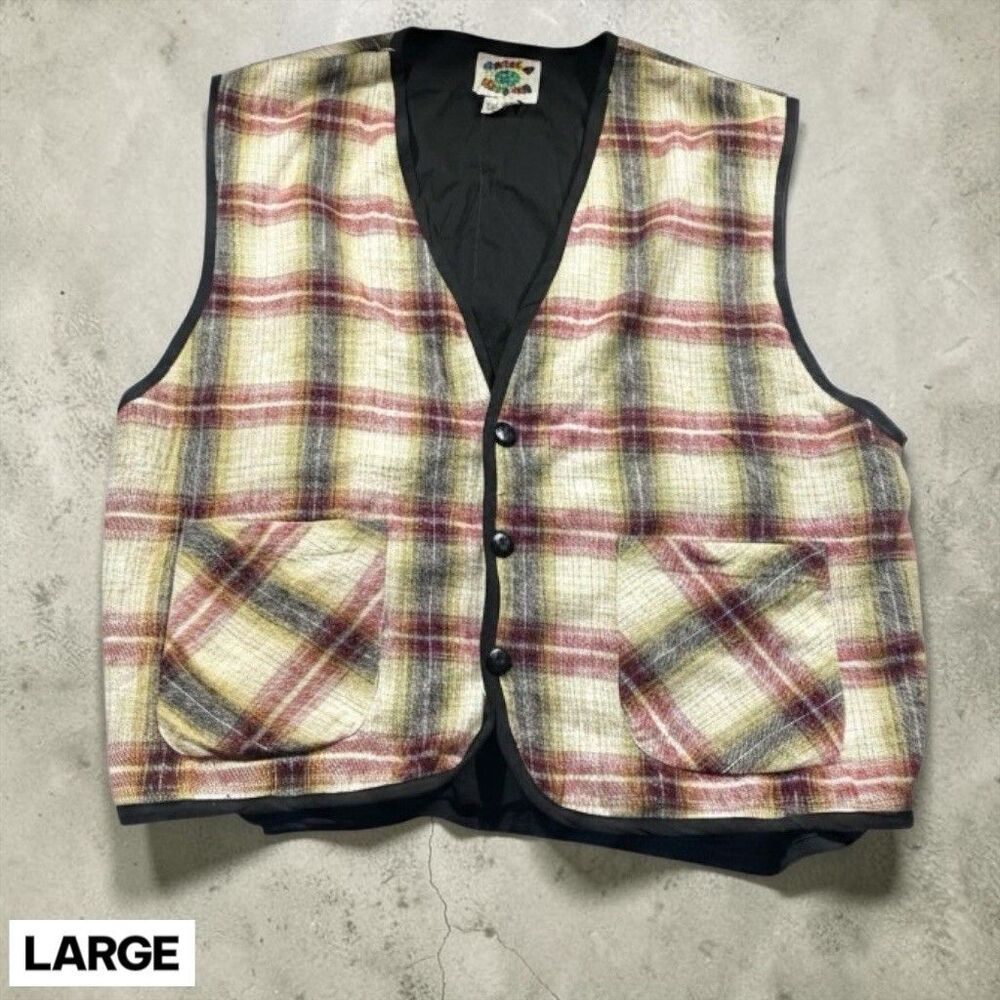 Vintage 90s World Culture Vest Mens LARGE Quilted Cotton Plaid Button Grunge
